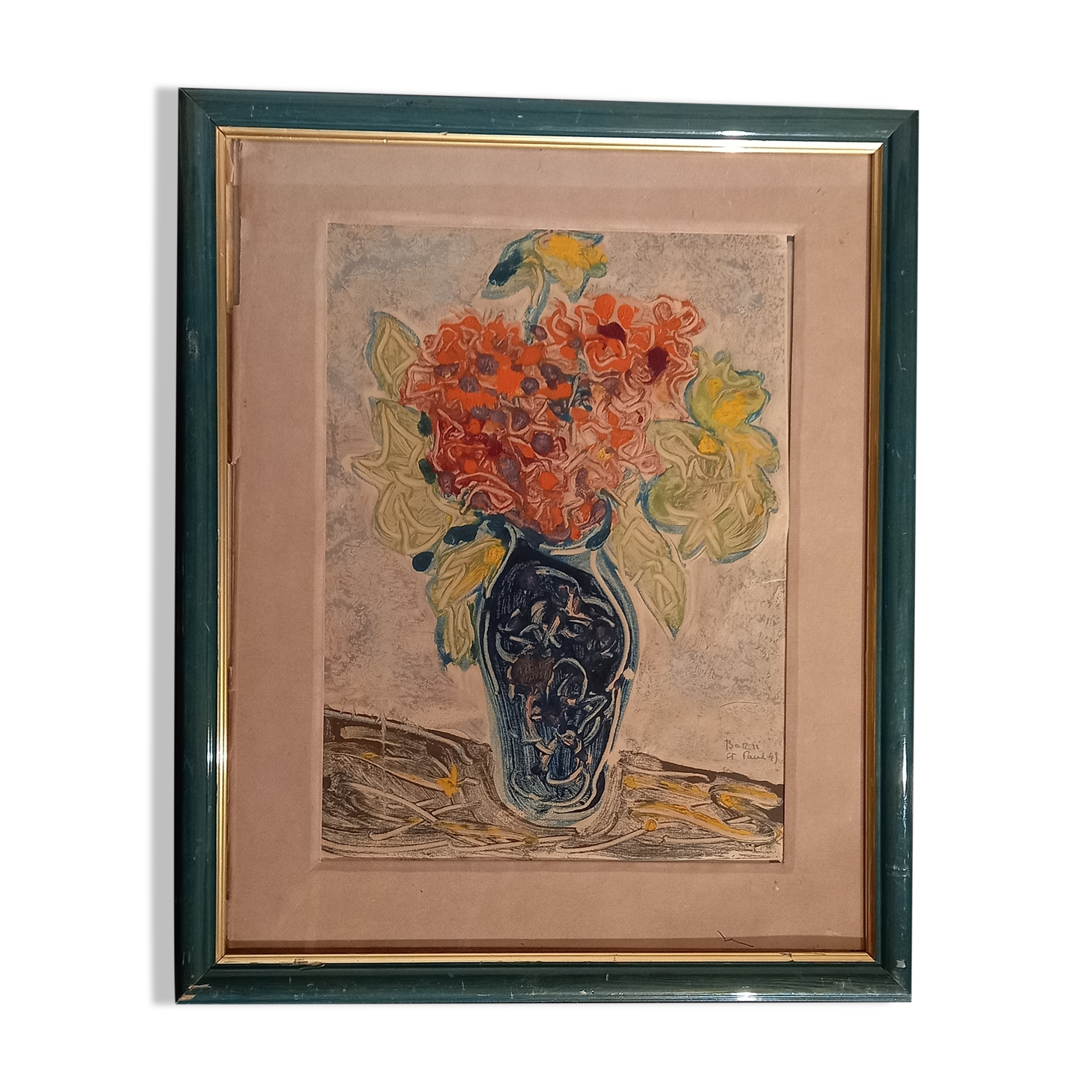 Painting by manfredo borsi. gouache. 1949. bouquet in blue vase