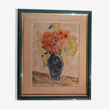 Tableau de manfredo borsi. gouache. 1949. bouquet dans vase bleu