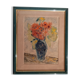 Tableau de manfredo borsi. gouache. 1949. bouquet dans vase bleu