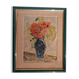 Tableau de manfredo borsi. gouache. 1949. bouquet dans vase bleu