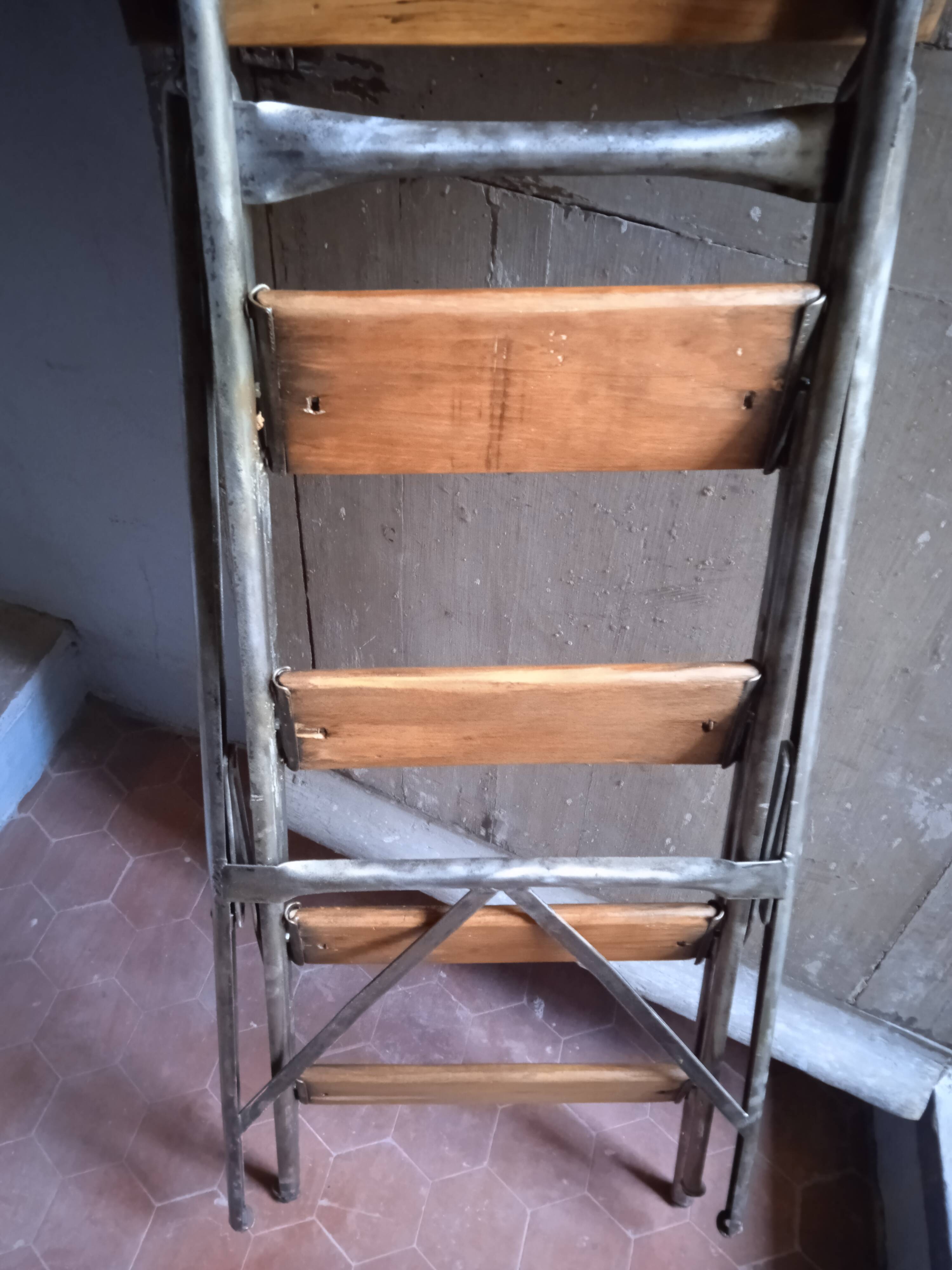 Vintage iron and wood stepladder with 5 steps