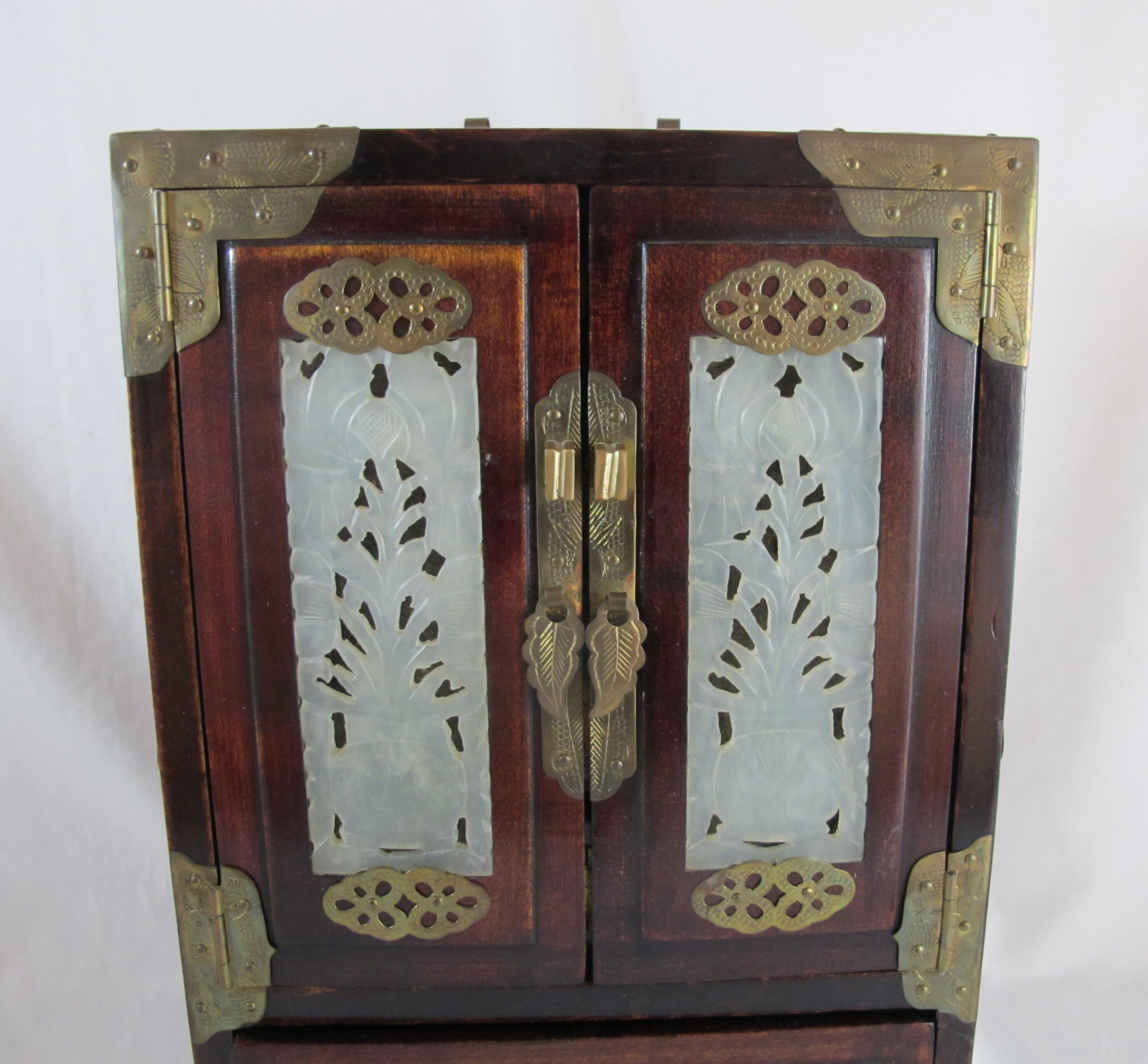 Chinese wooden jewelry box adorned with jade plates