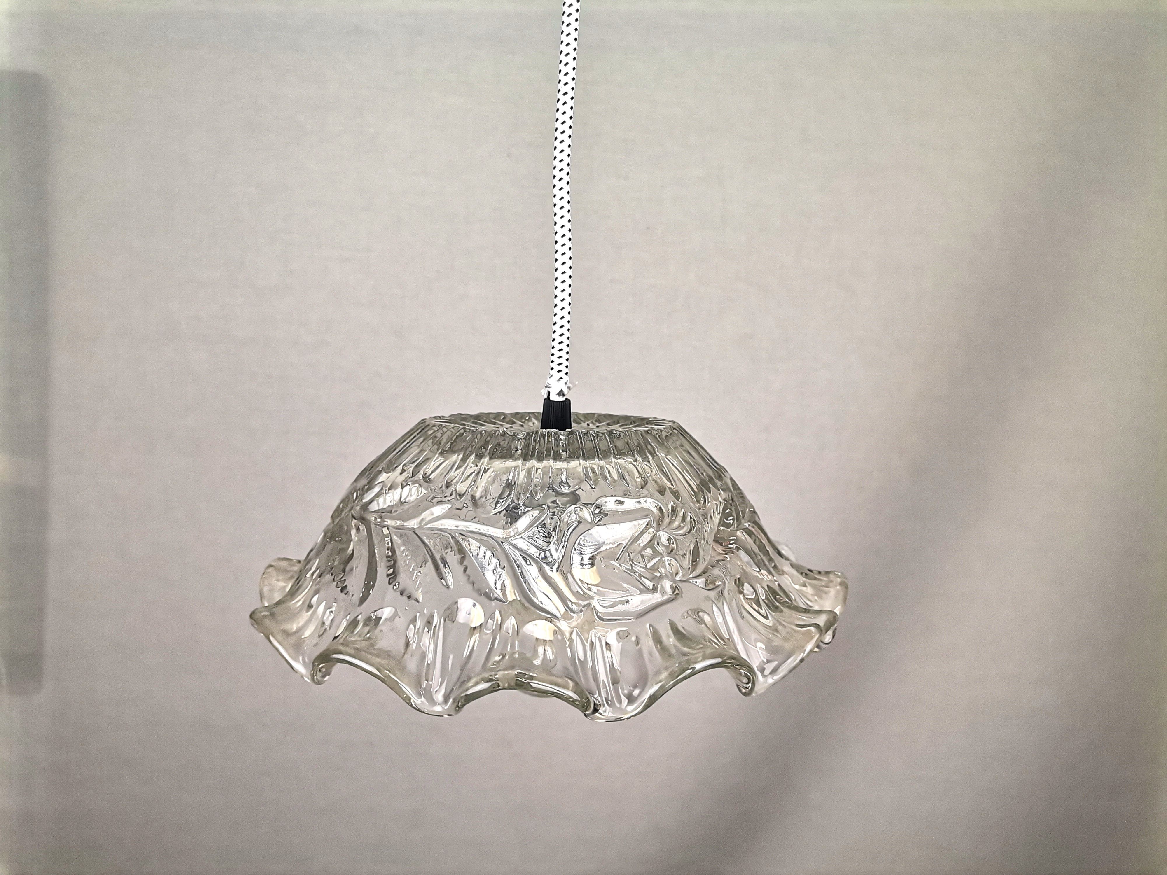 Portuguese farmhouse mid century clear floral glass hanging lamp, 1960s