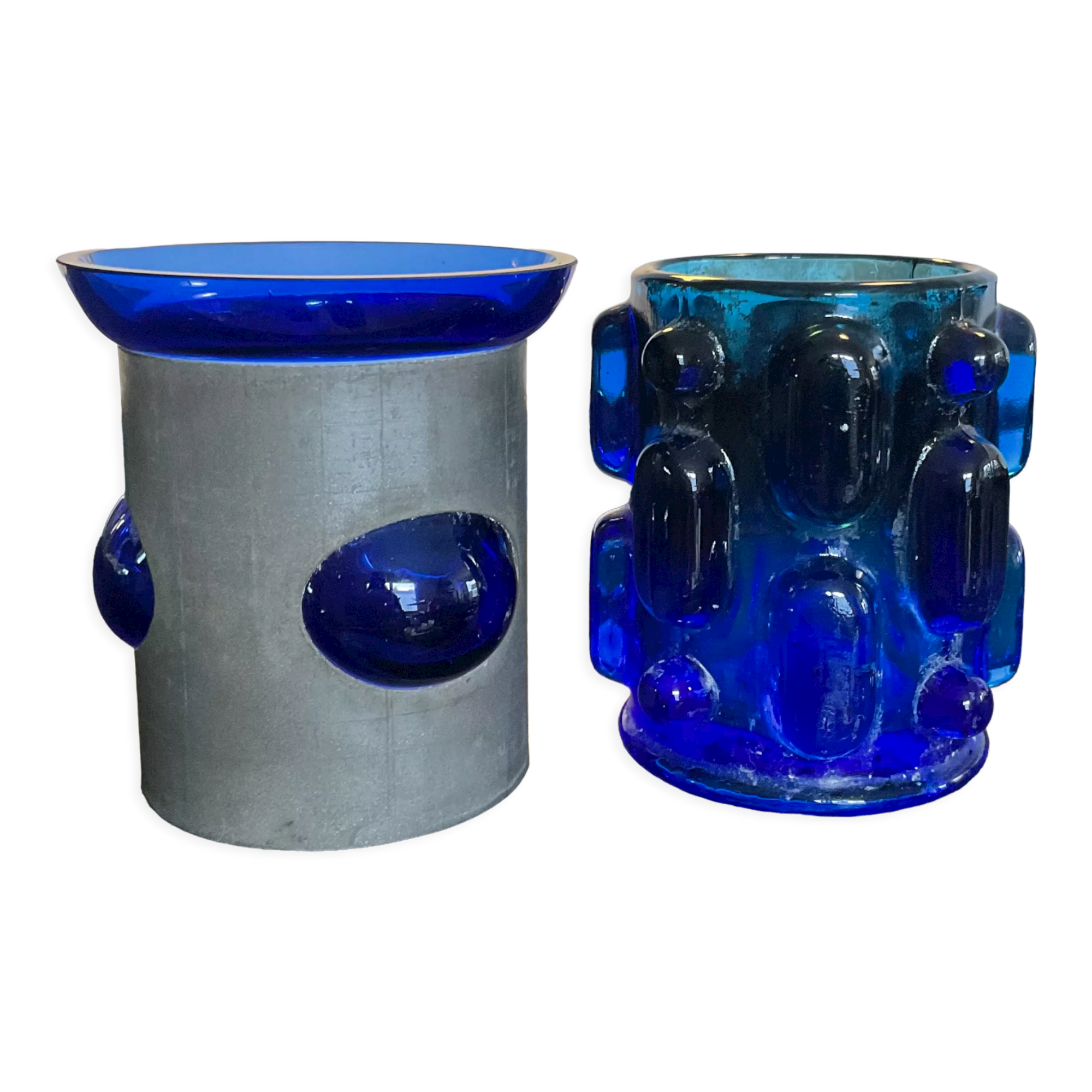 Duo of Art Deco candlesticks in blue glass paste