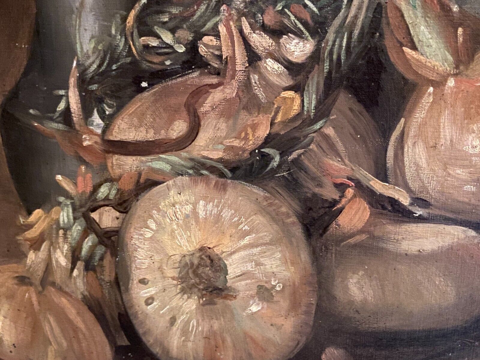 Oil painting on canvas signed J. Fleury-Bin Still Life with pewter and onions
