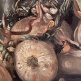 Oil painting on canvas signed J. Fleury-Bin Still Life with pewter and onions