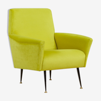 Fauteuil italienn moderne en velours vert citronnelle du milieu du siècle, années 1960