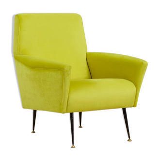 Fauteuil italienn moderne en velours vert citronnelle du milieu du siècle, années 1960