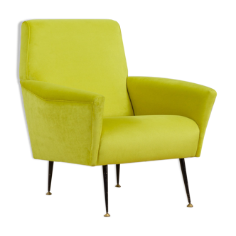Mid-Century Italian Modern Lemongrass Green Velvet Lounge Chair, 1960s