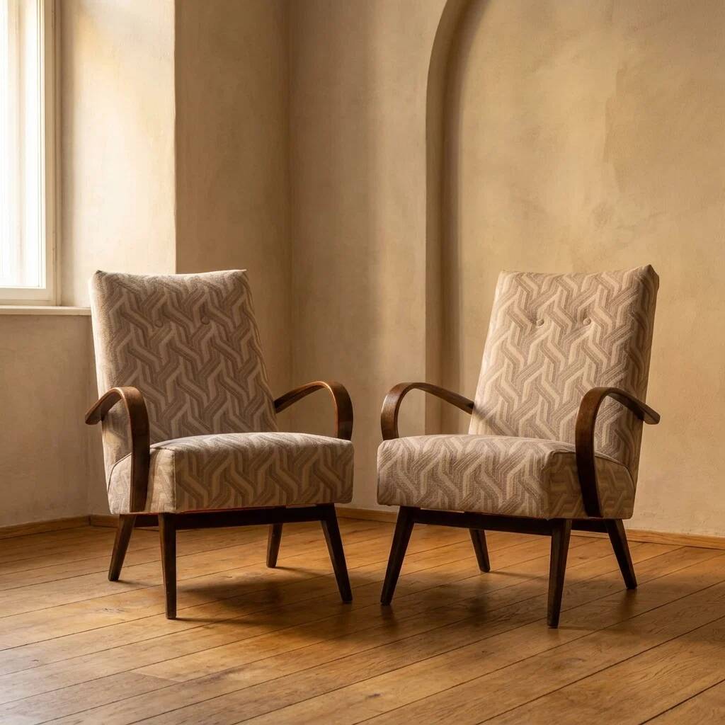 Restored bentwood armchairs by Jaroslav Šmídek, pair, Czechoslovakia, new beige patterned upholstery, 61 × 82 × 81 cm