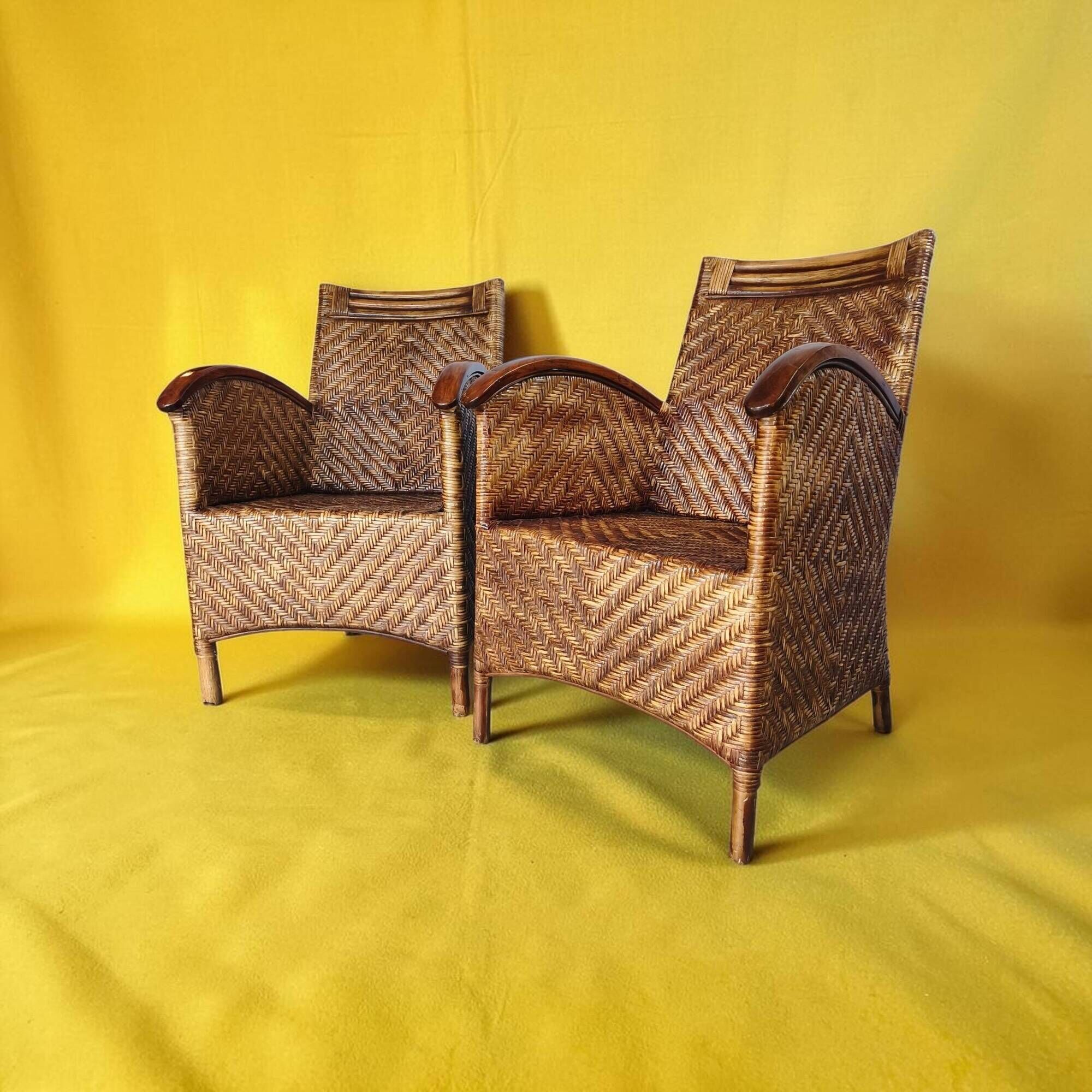 Pair of woven rattan and varnished wood armchairs - Vintage