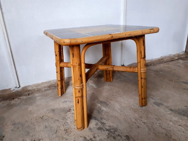 table basse table D’appoint En Rotin Et Céramique Vintage