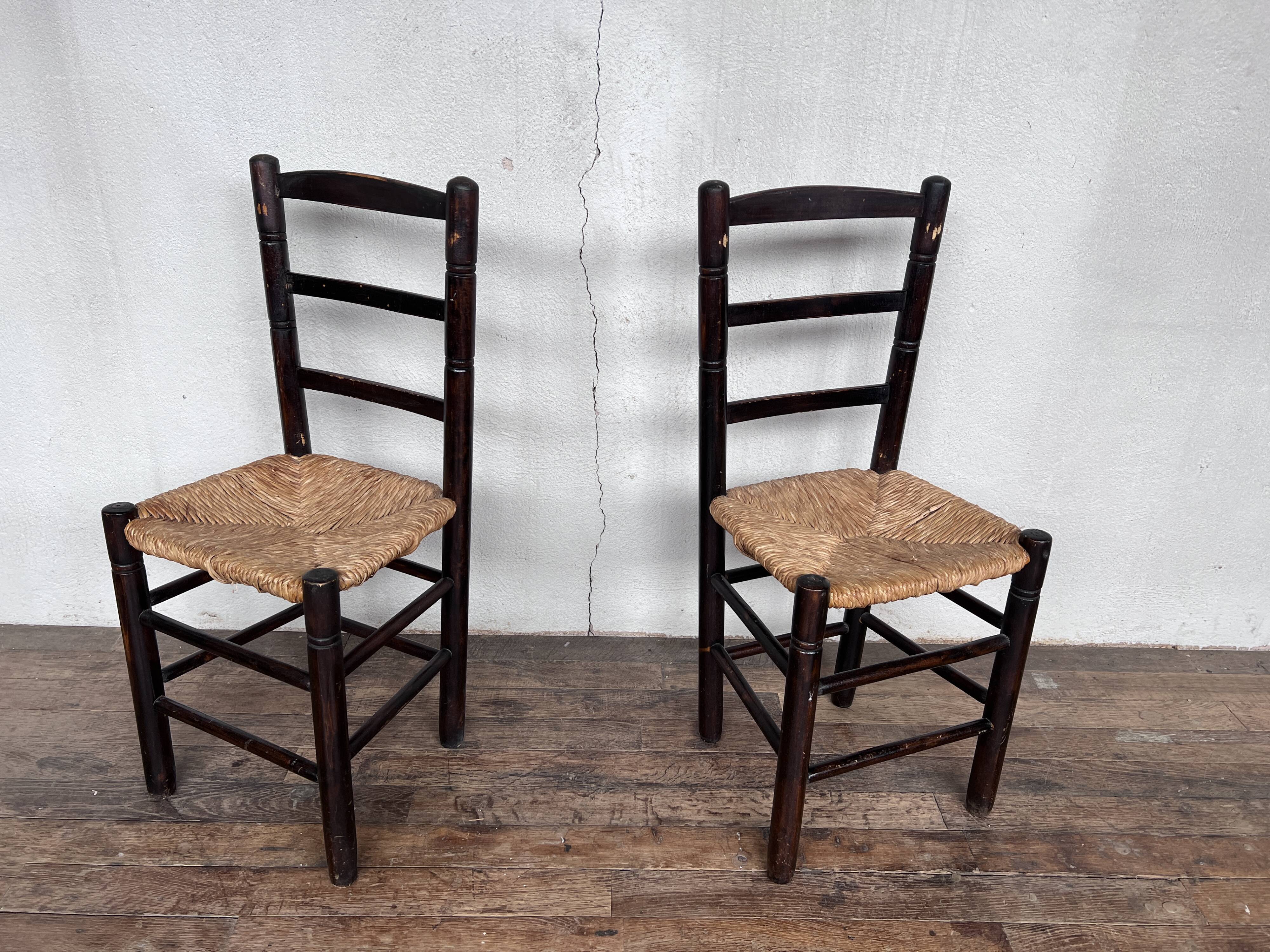 Paire de chaises brutaliste bois paille