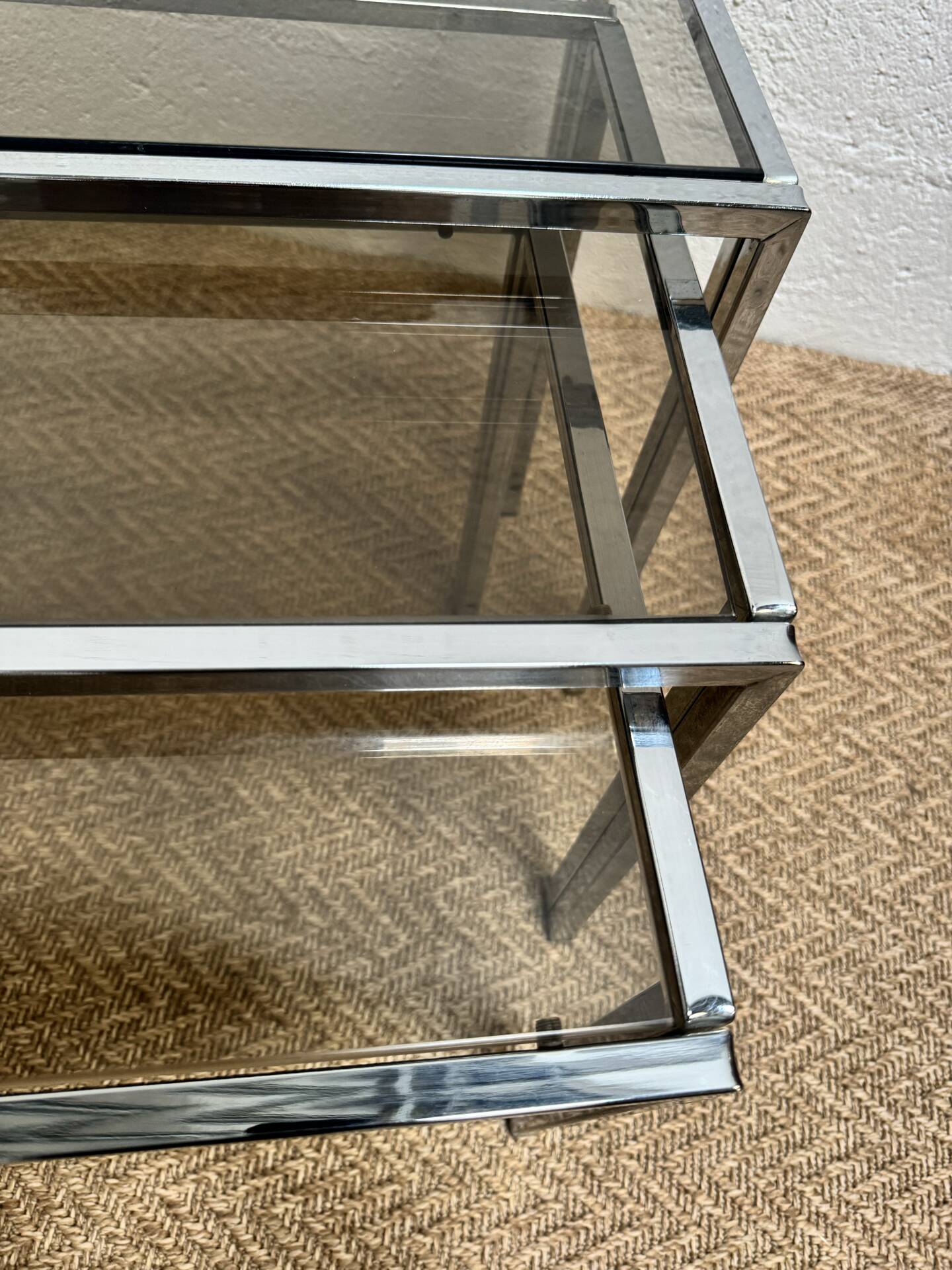 Set of 3 vintage nesting tables – Chrome metal & smoked glass
