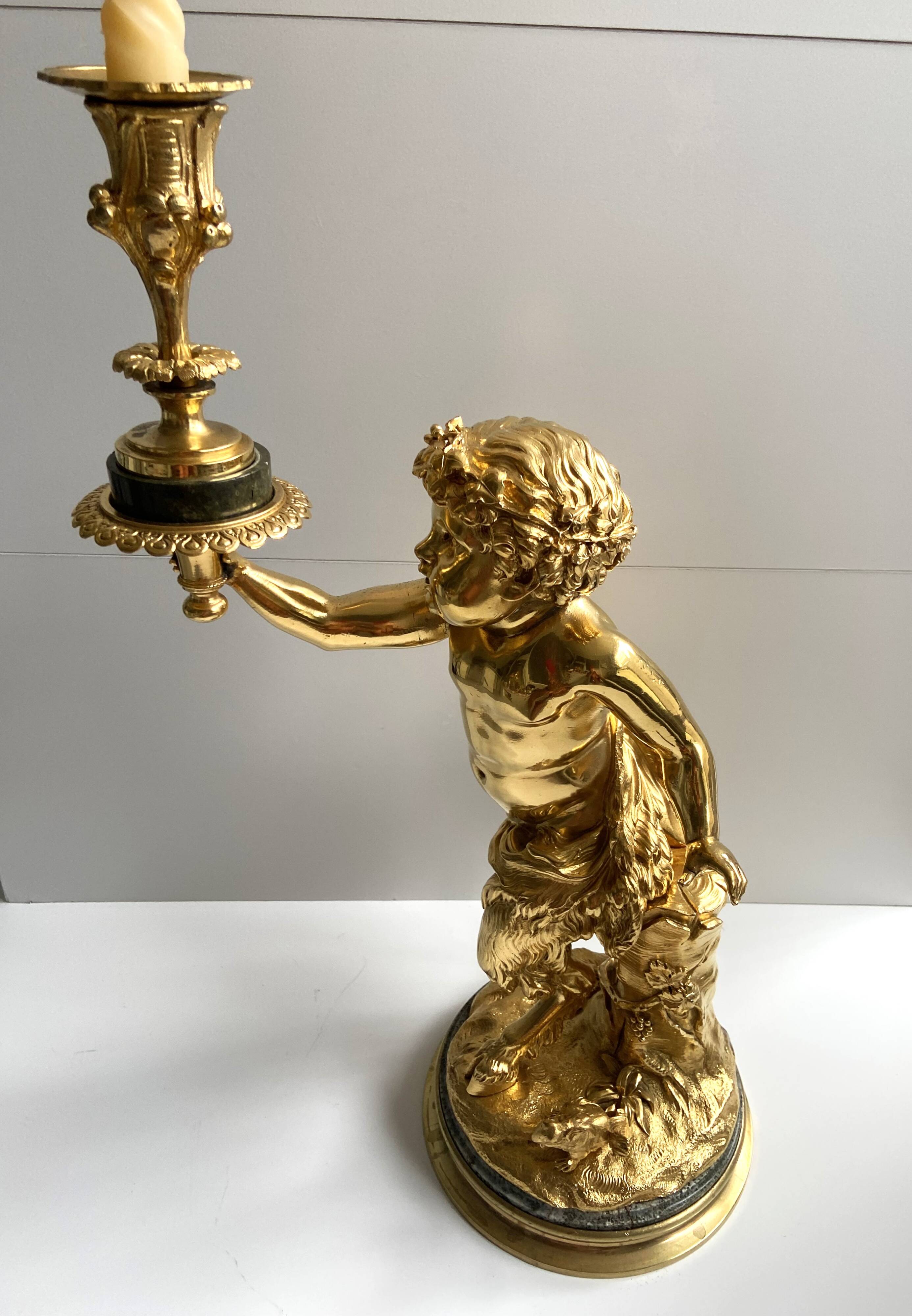 Sculpture, torchère "Jeune satyre" en bronze doré d'après Clodion