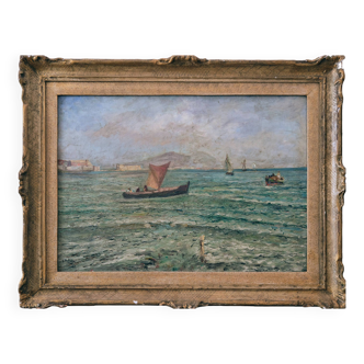 Quais et bateaux ugo pratella (1890-1978) huile sur toile