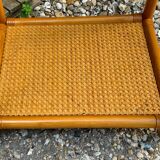 Chest of drawers and bedside table in rattan cane and oak, vintage 1970s