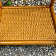 Dresser and its bedside table in rattan caning and vintage oak from the 1970s.