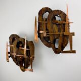 Pair of Brutalist wood & copper wall sconces, Italy, 1970s