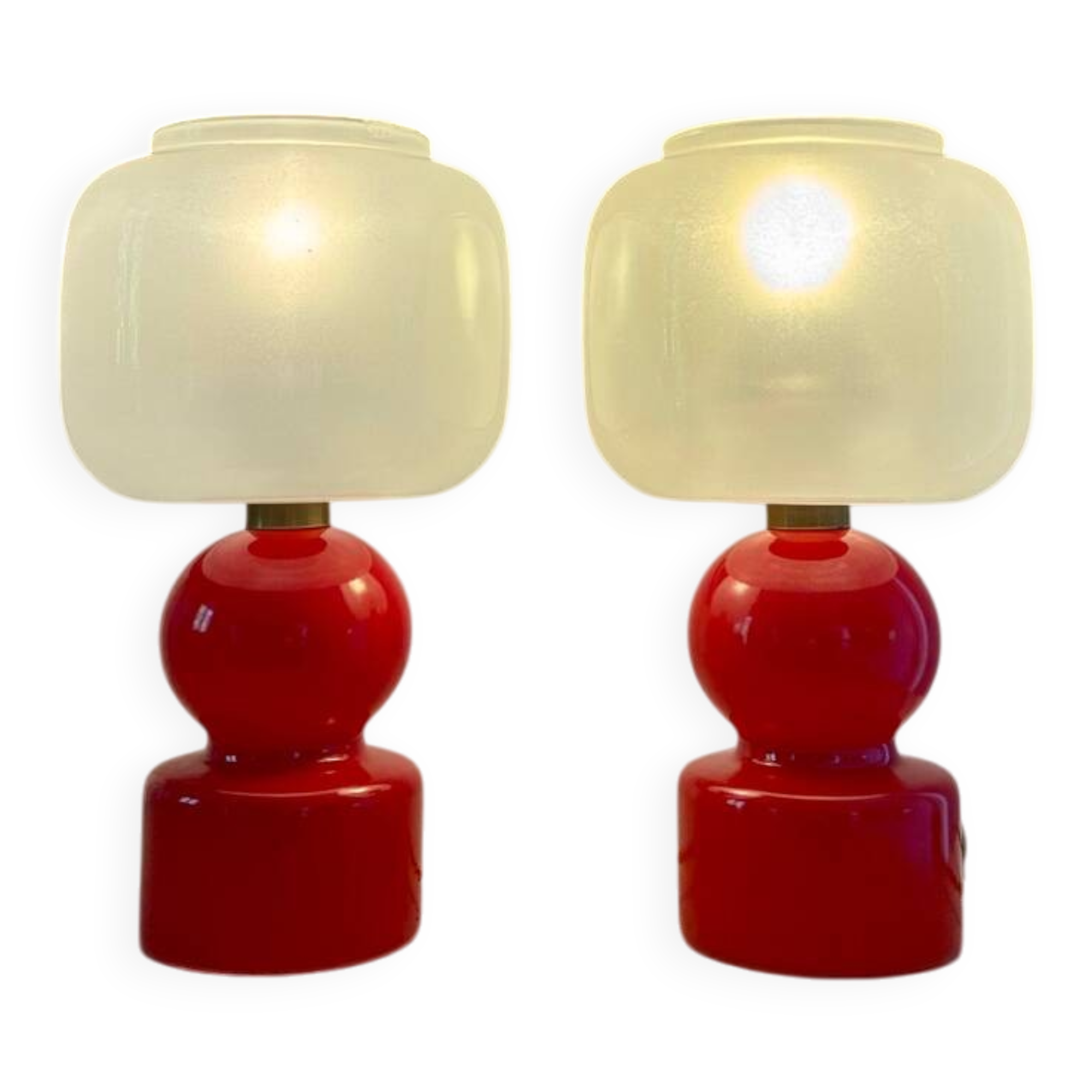 Pair of bright red glass "Globes" bedside lamps, 1960