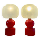 Pair of bright red glass "Globes" bedside lamps, 1960
