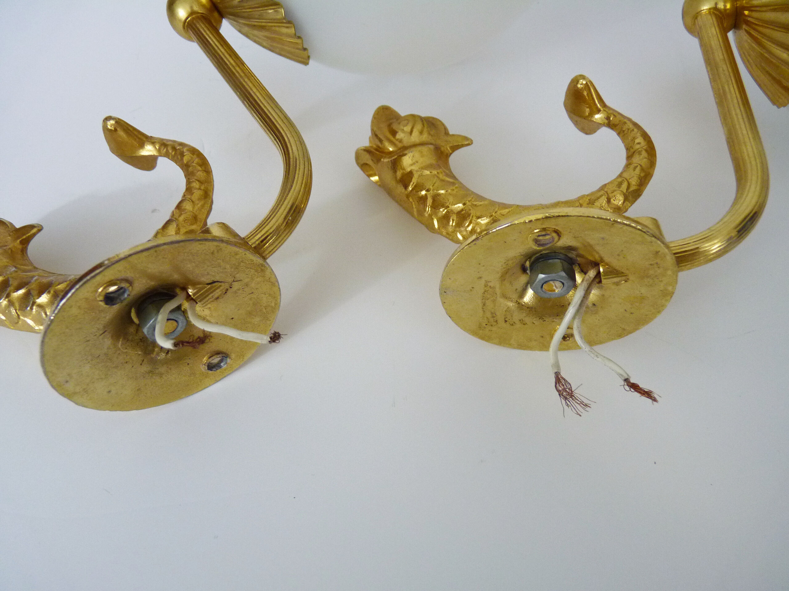 Old pair of wall sconces with carp, brass and globe in white opaline. Year 60