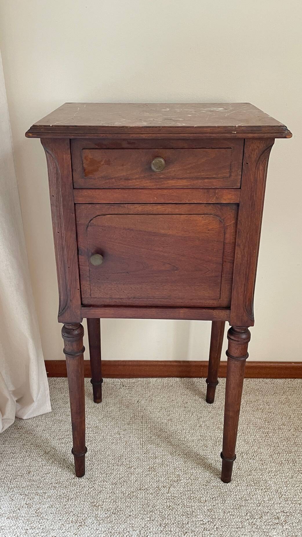 Antique bedside table in wood and marble