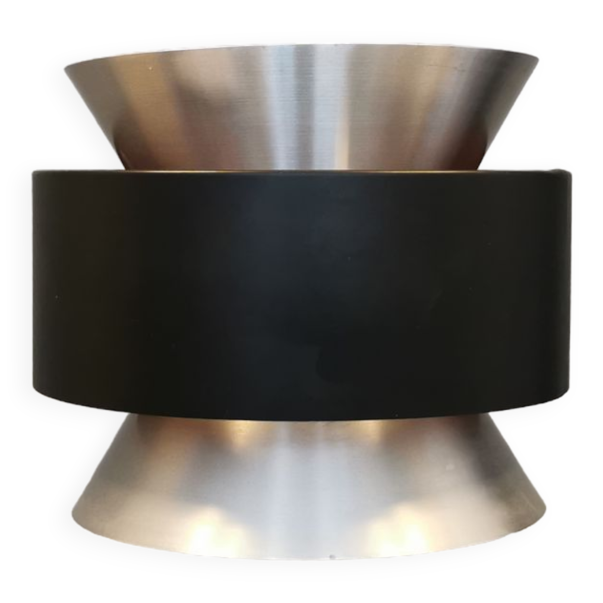 Hanging lamp,  of silver coloured aluminium with black "ring" and orange inner contrast lacquer.