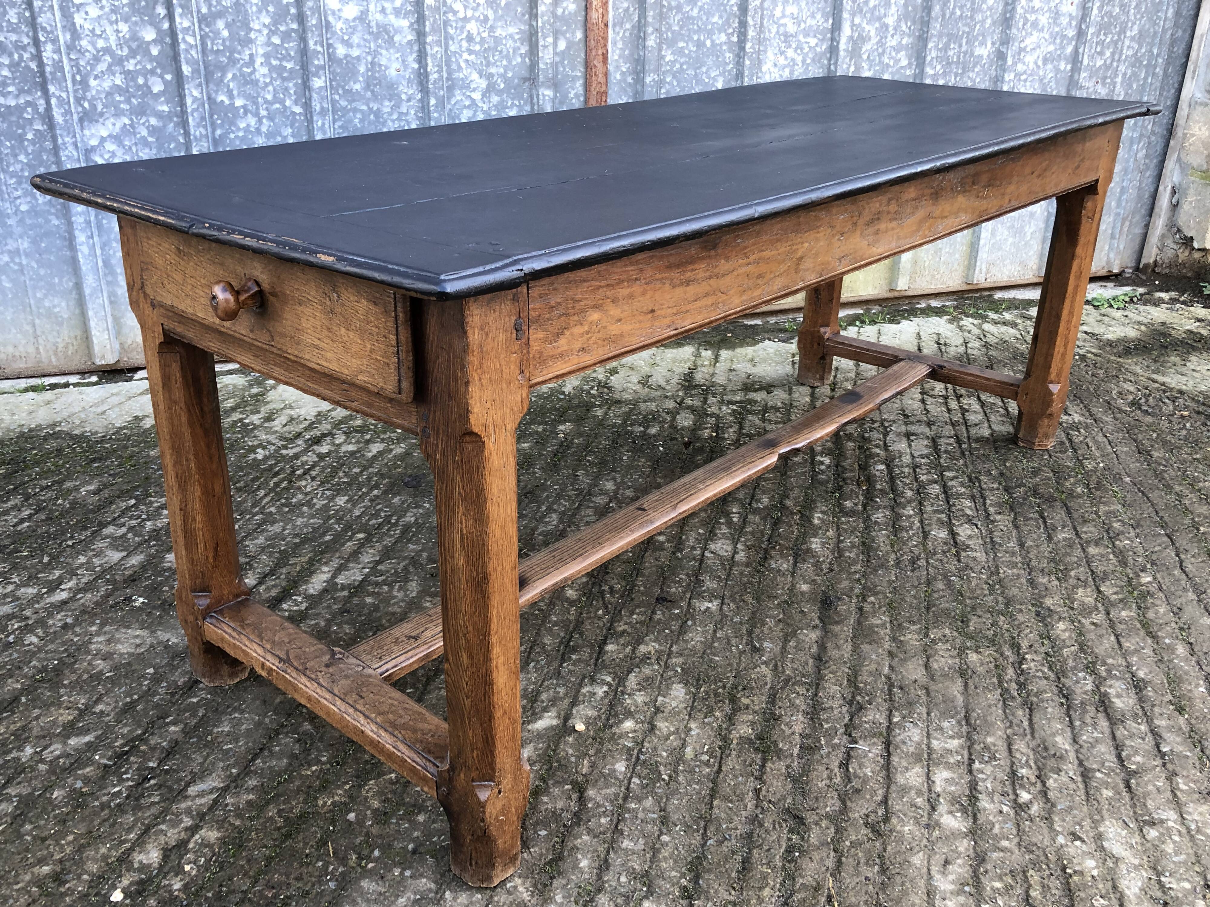 Antique oak farmhouse table with cat bar and 2 end drawers