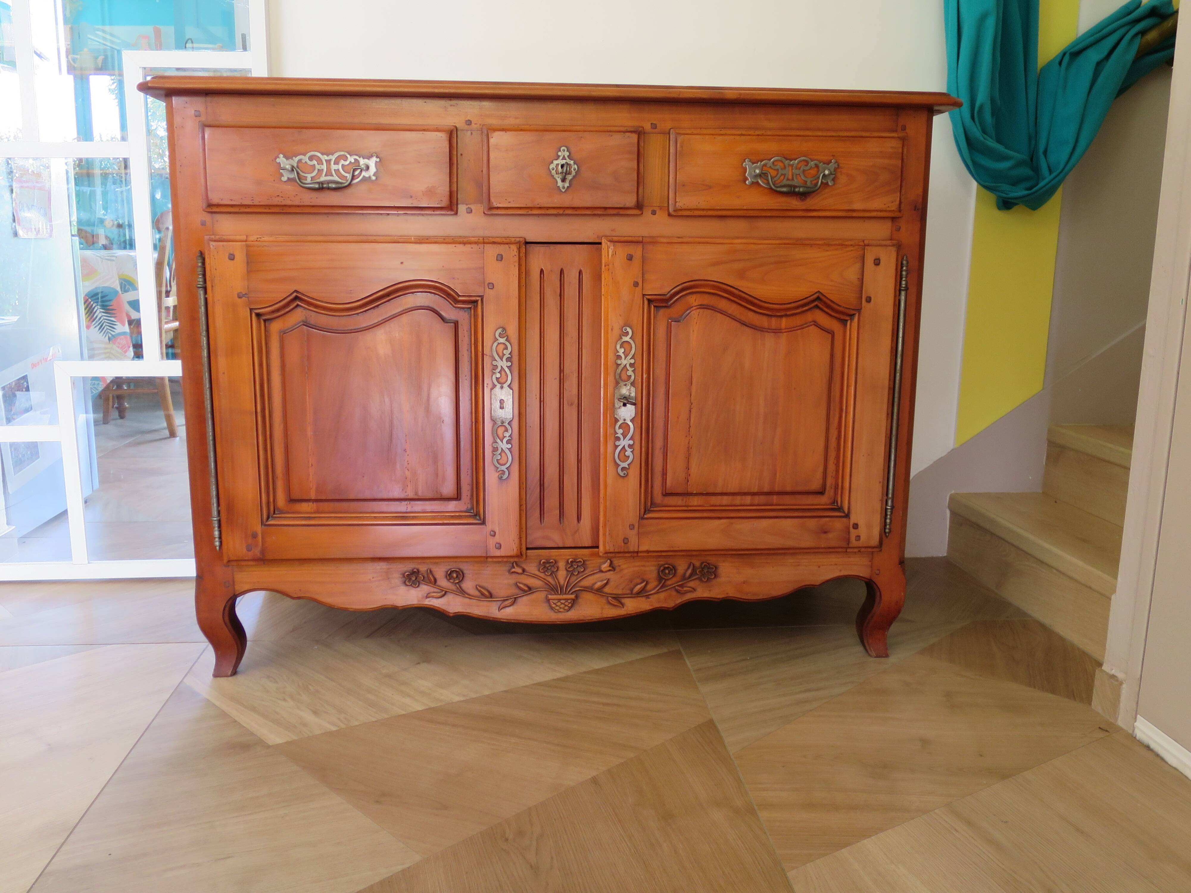 Rustic buffet in Louis XV-Regency style, dovetailed, cherry wood finish, solid wood.
