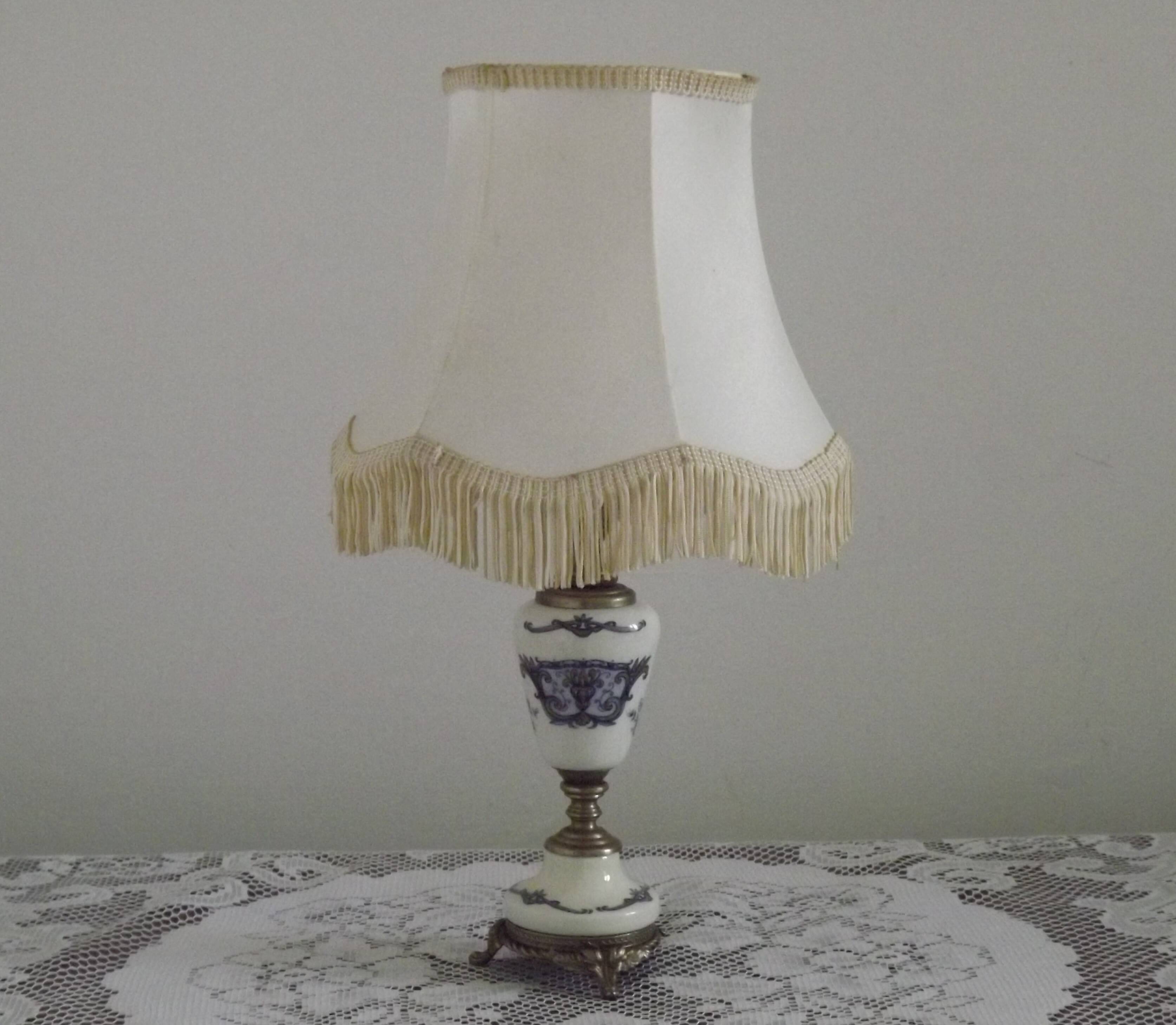 French Vintage Decorative Silver Metal and Porcelain Shaded Table Lamp