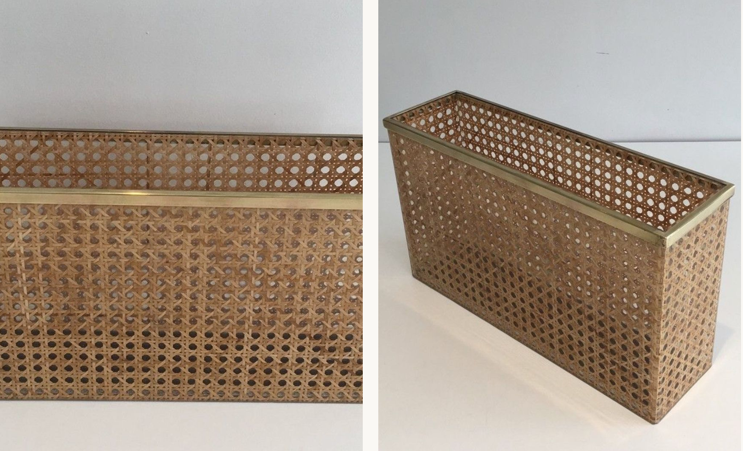 Magazine holder in plexiglass, brass and inlaid cannage