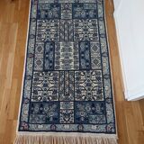 Handcrafted oriental blue and white rug Tunisia vintage fringes