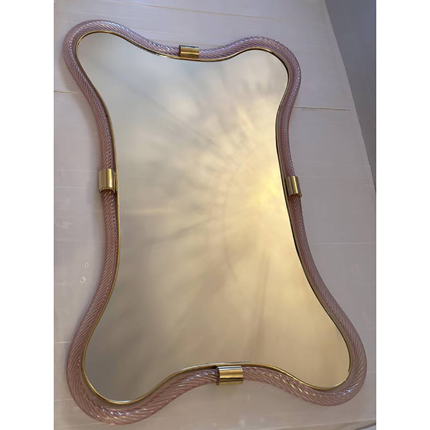Scenographic Pink and Gold Mirror With Torchon Glass
