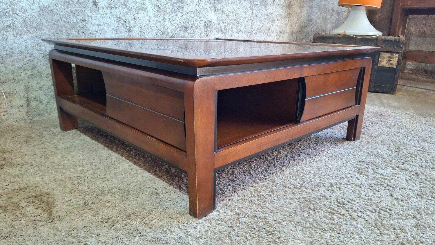 Table basse carrée bois massif plateau avec verre noir 100x100 cm