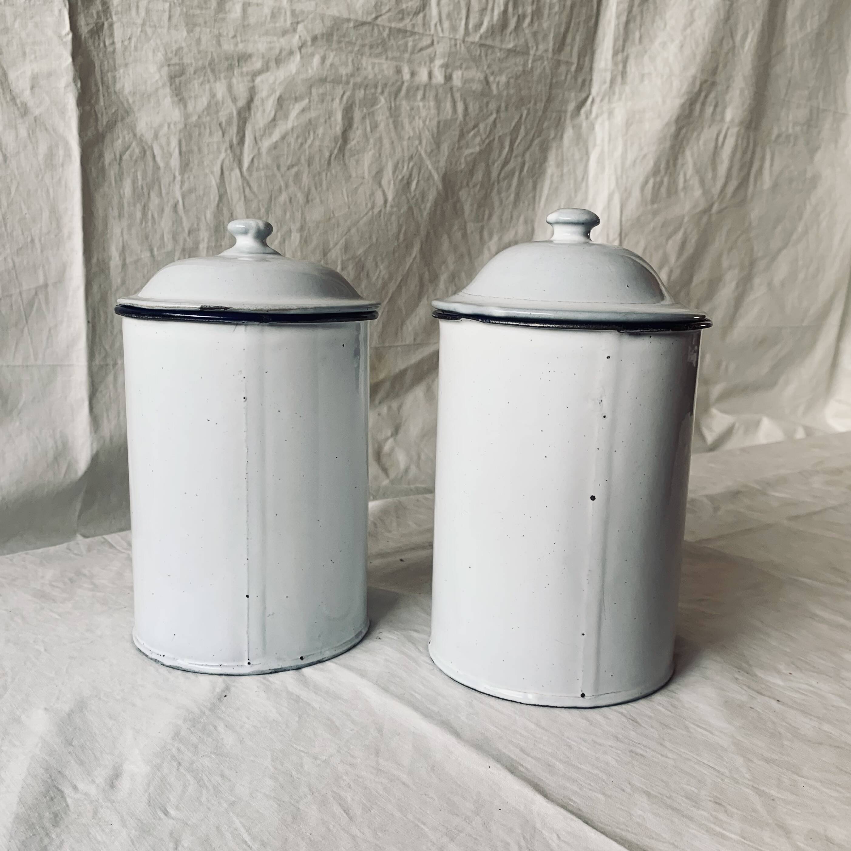 Pair of old large enameled sheet metal condiment pots