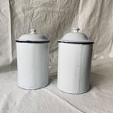 Pair of old large enameled sheet metal condiment pots