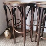 Set of 4 high bistro stools in curved wood and canework.