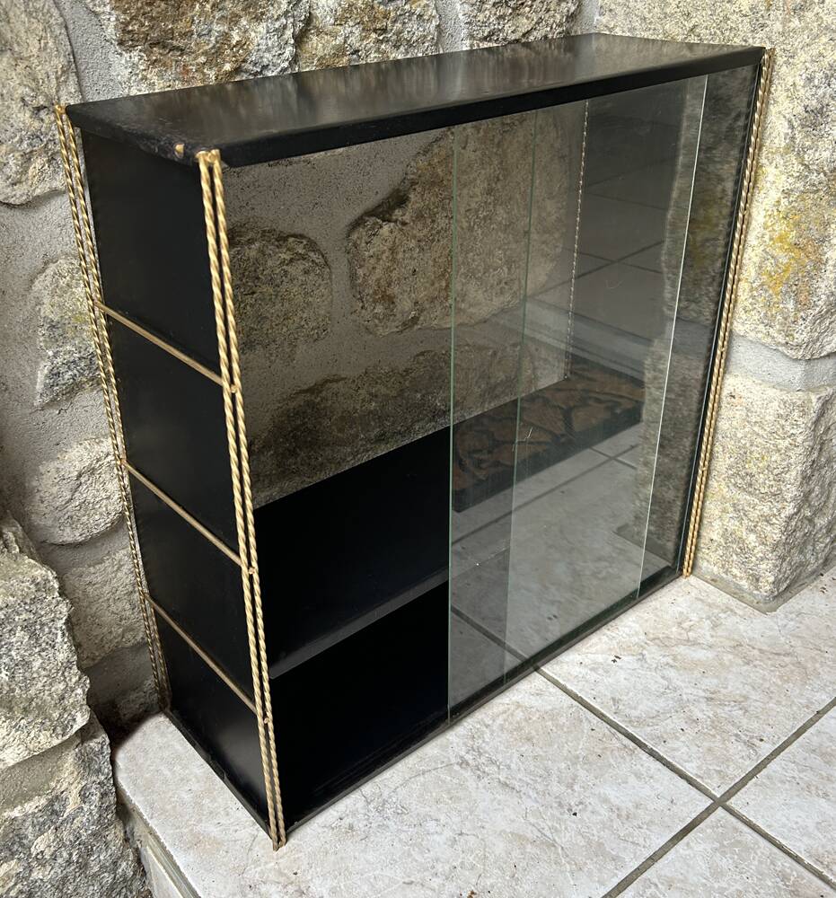 Double gold metal string shelves and black trays, vintage, 60s