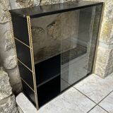 Double gold metal string shelves and black trays, vintage, 60s