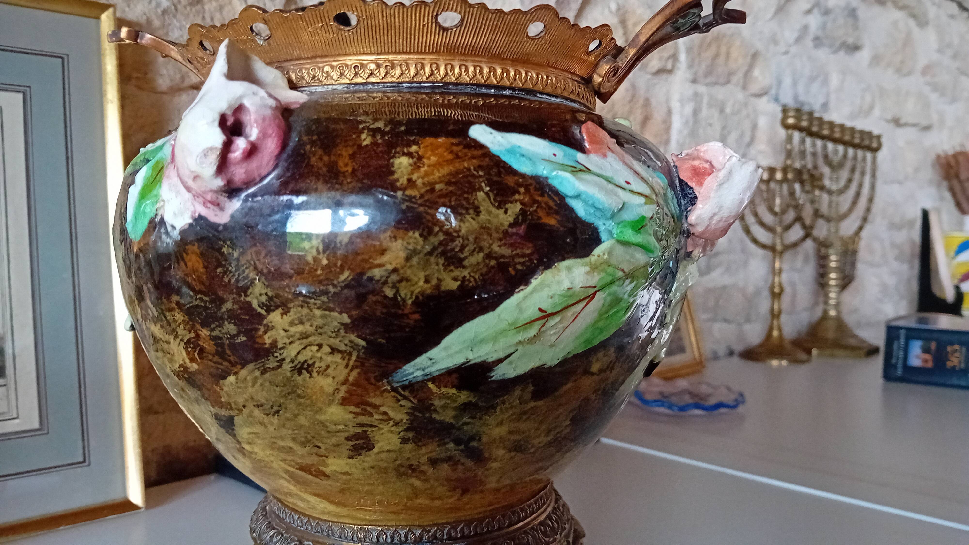 Vase en Barbotine Art Nouveau , Keller/Guerin Lunéville sur Bronze