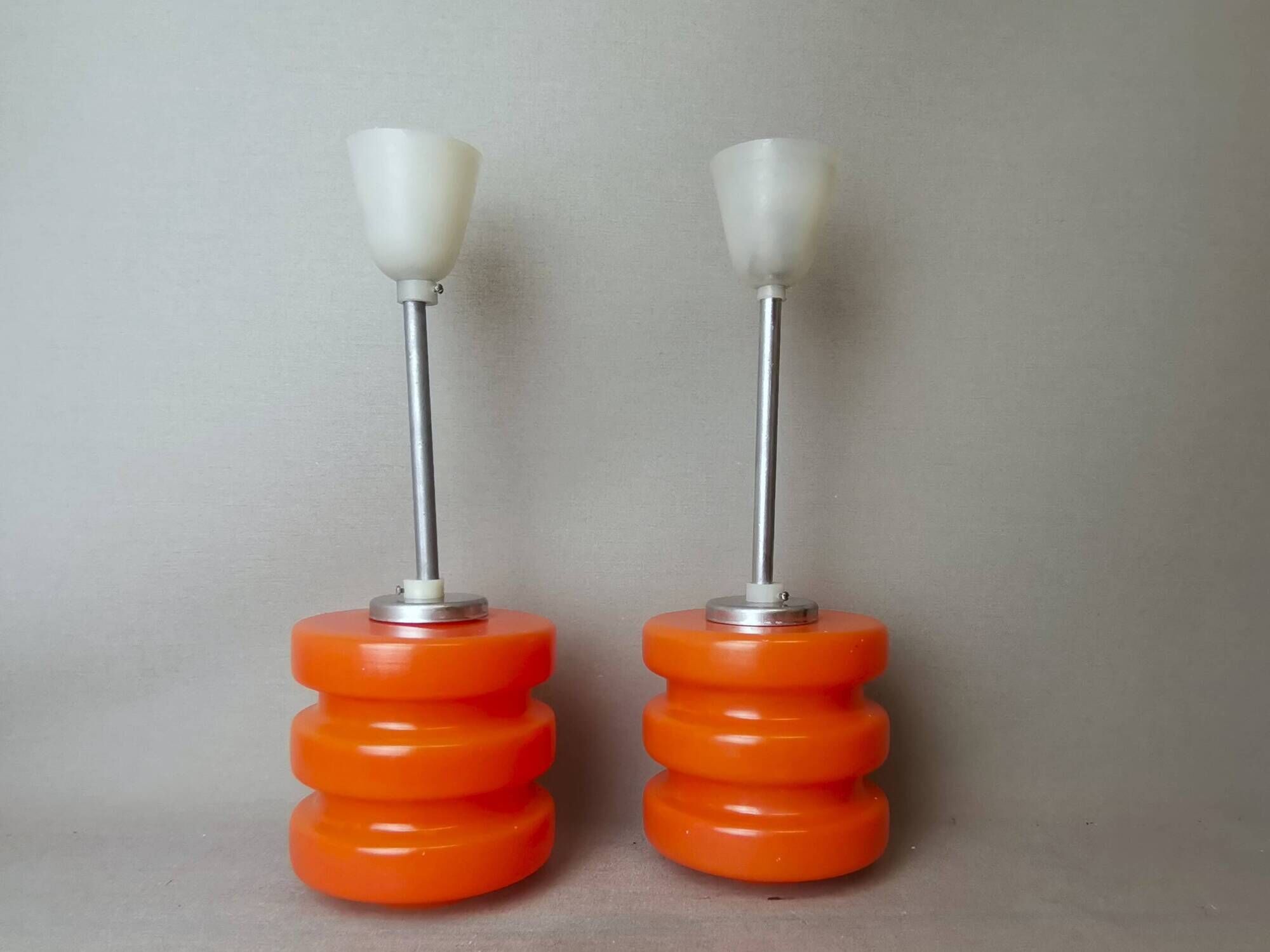 Pair Mid Century Modern MCM orange glass hanging lamps