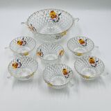 Vintage glass fruit salad serving set with a pansy design.