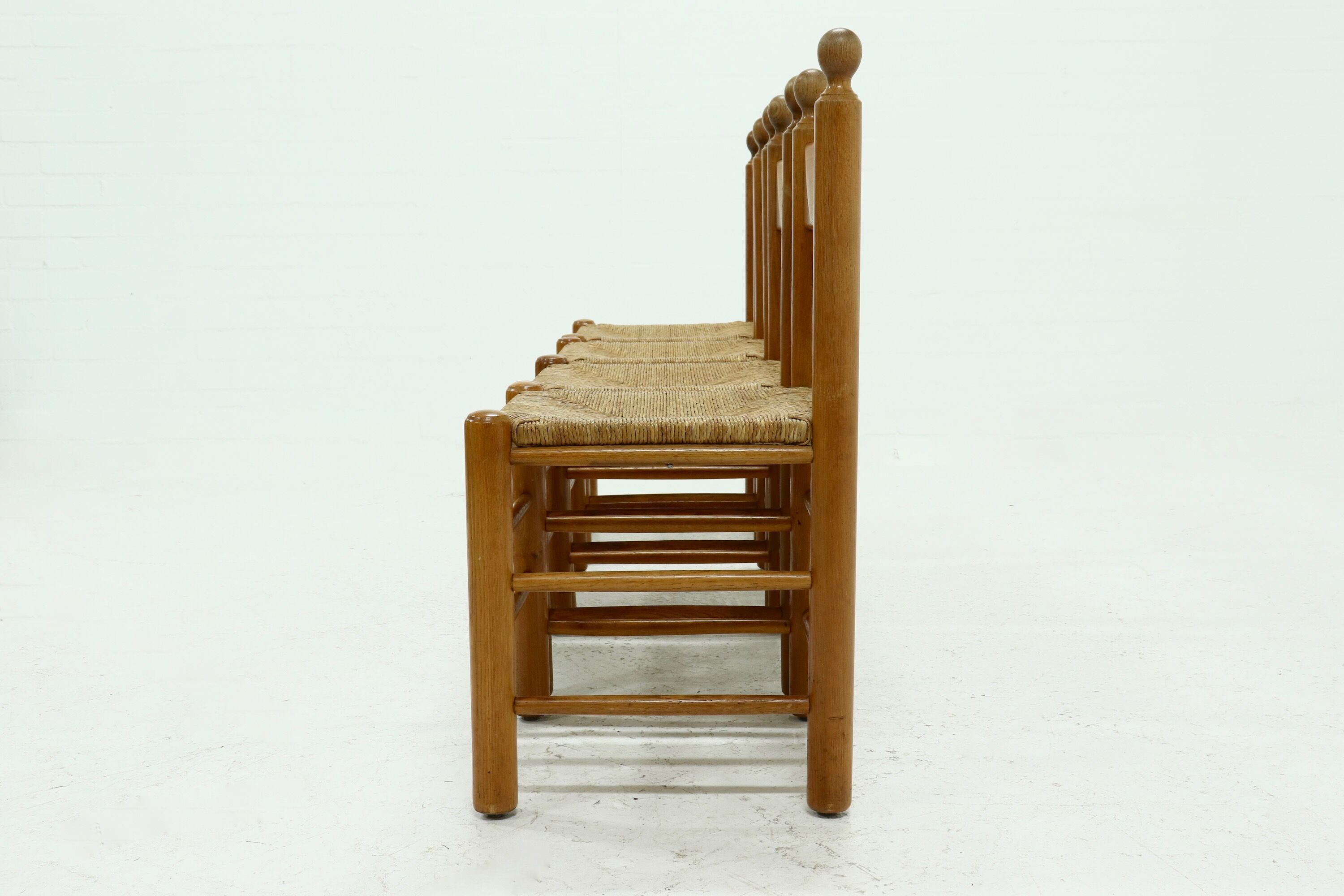 Set of 4 solid oak & rush brutalist dining chairs 1960s