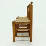 Set of 4 solid oak & rush brutalist dining chairs 1960s