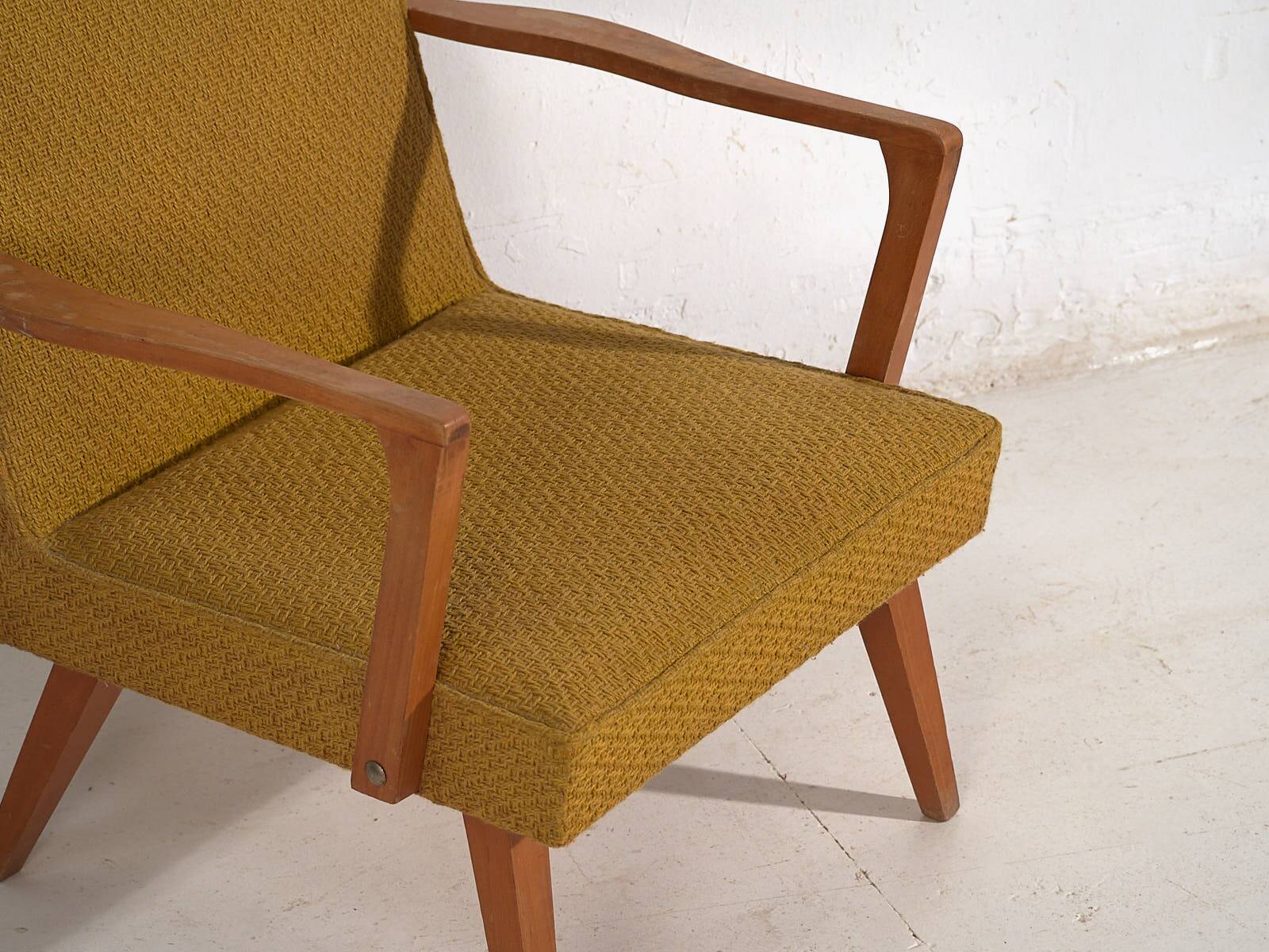 2 armchairs in wood and ochre fabric, 1950