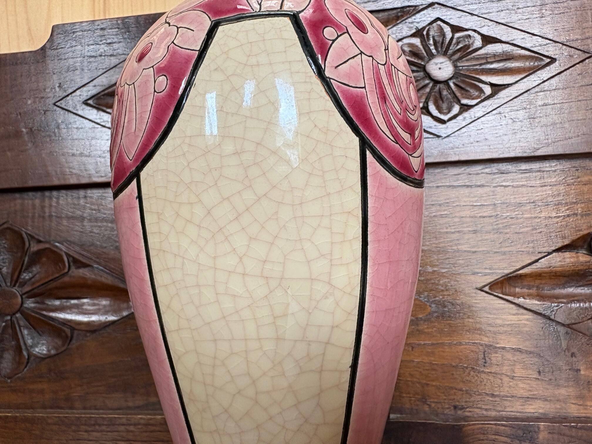 Vase Art Déco en faïence de Longwy, décor floral, 31 cm