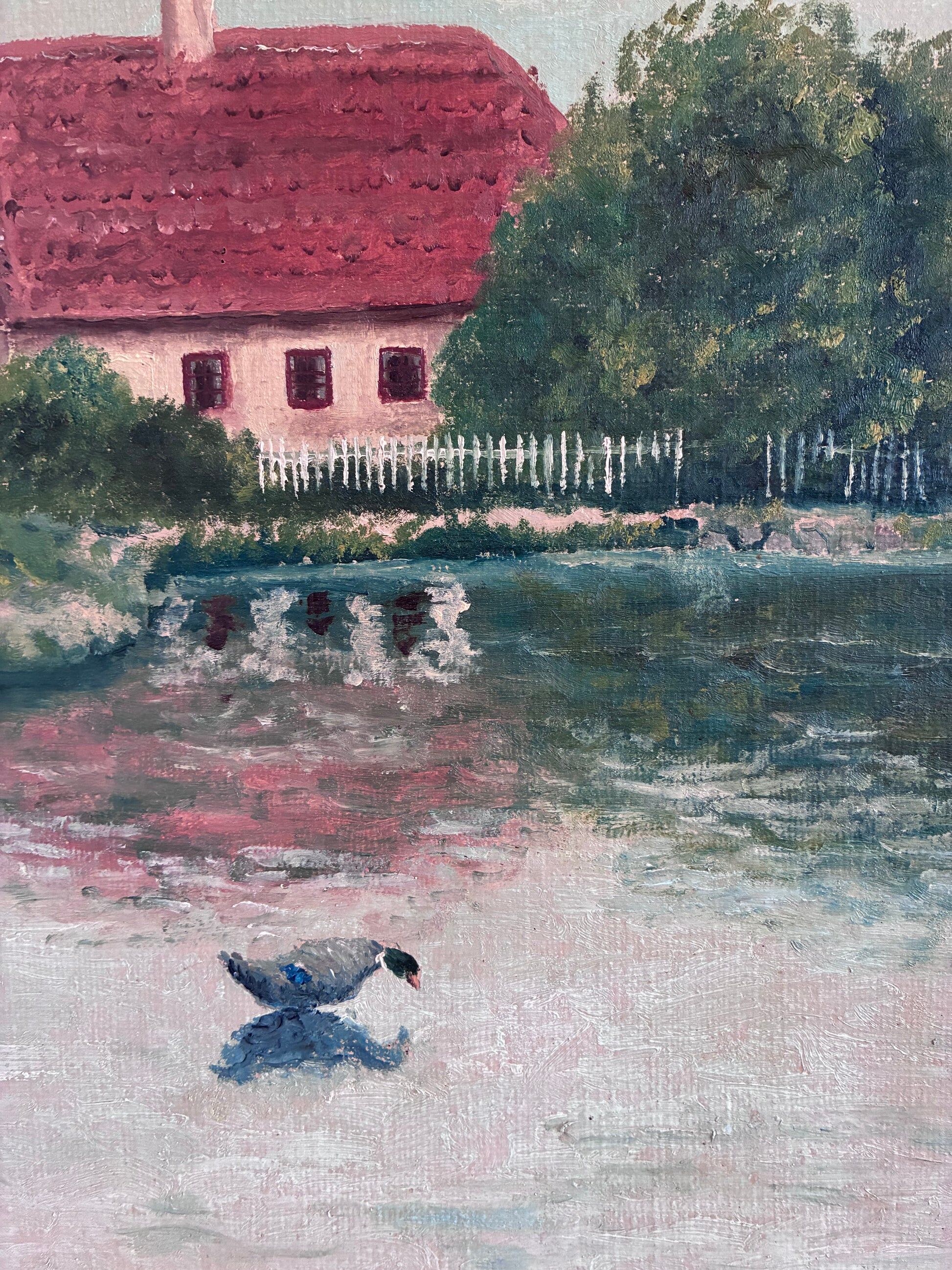 Vintage original landscape oil painting, signed farmhouse art