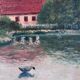 Vintage original landscape oil painting, signed farmhouse art