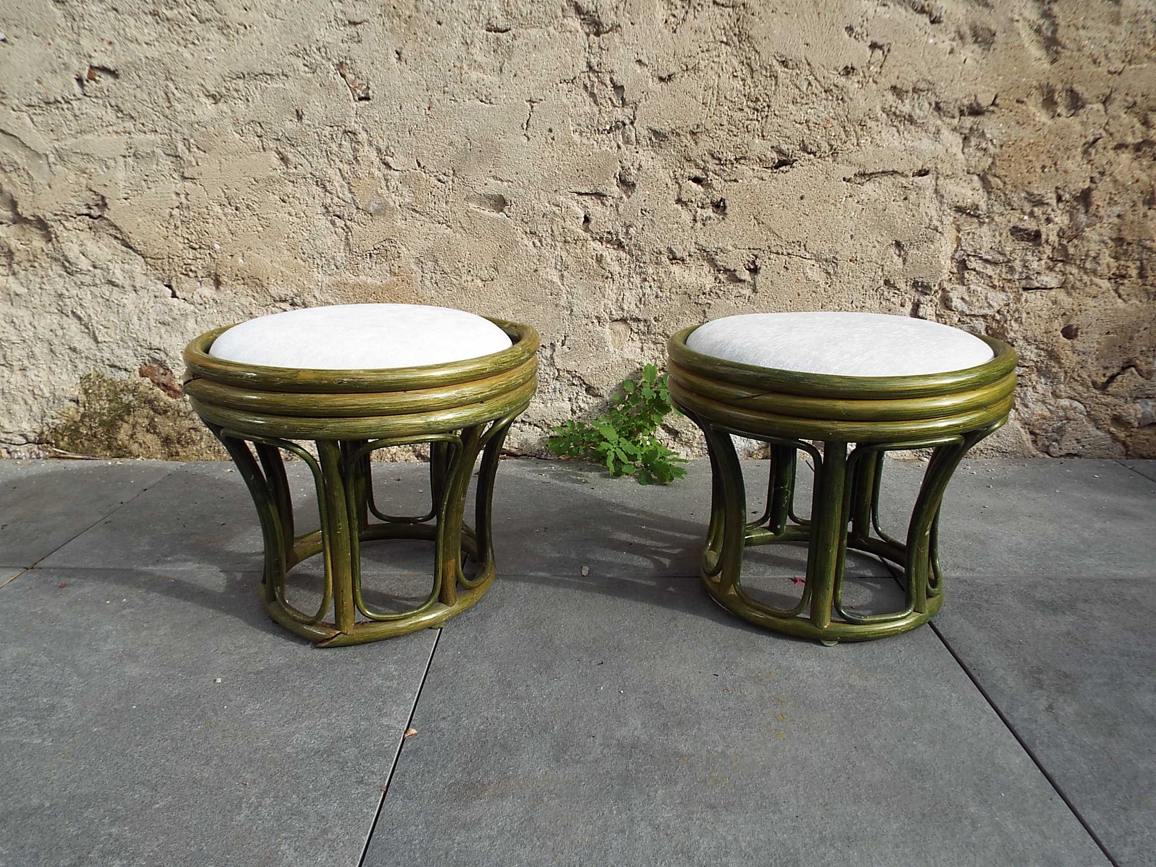 2 low bamboo stools